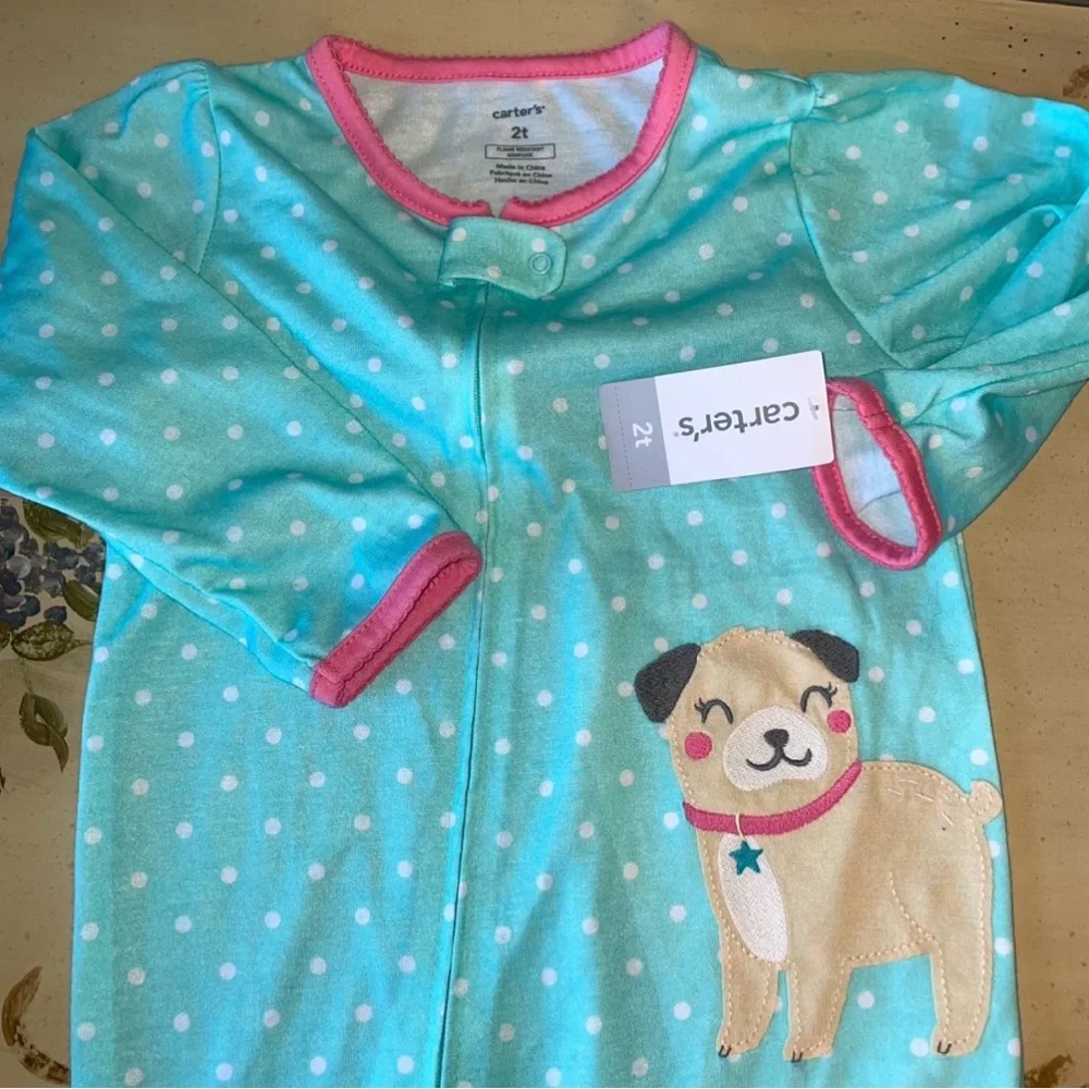 Carters 2T Aqua Blue Pink White Polka Dot One Piece Footed Pajama Pug Puppy NWT